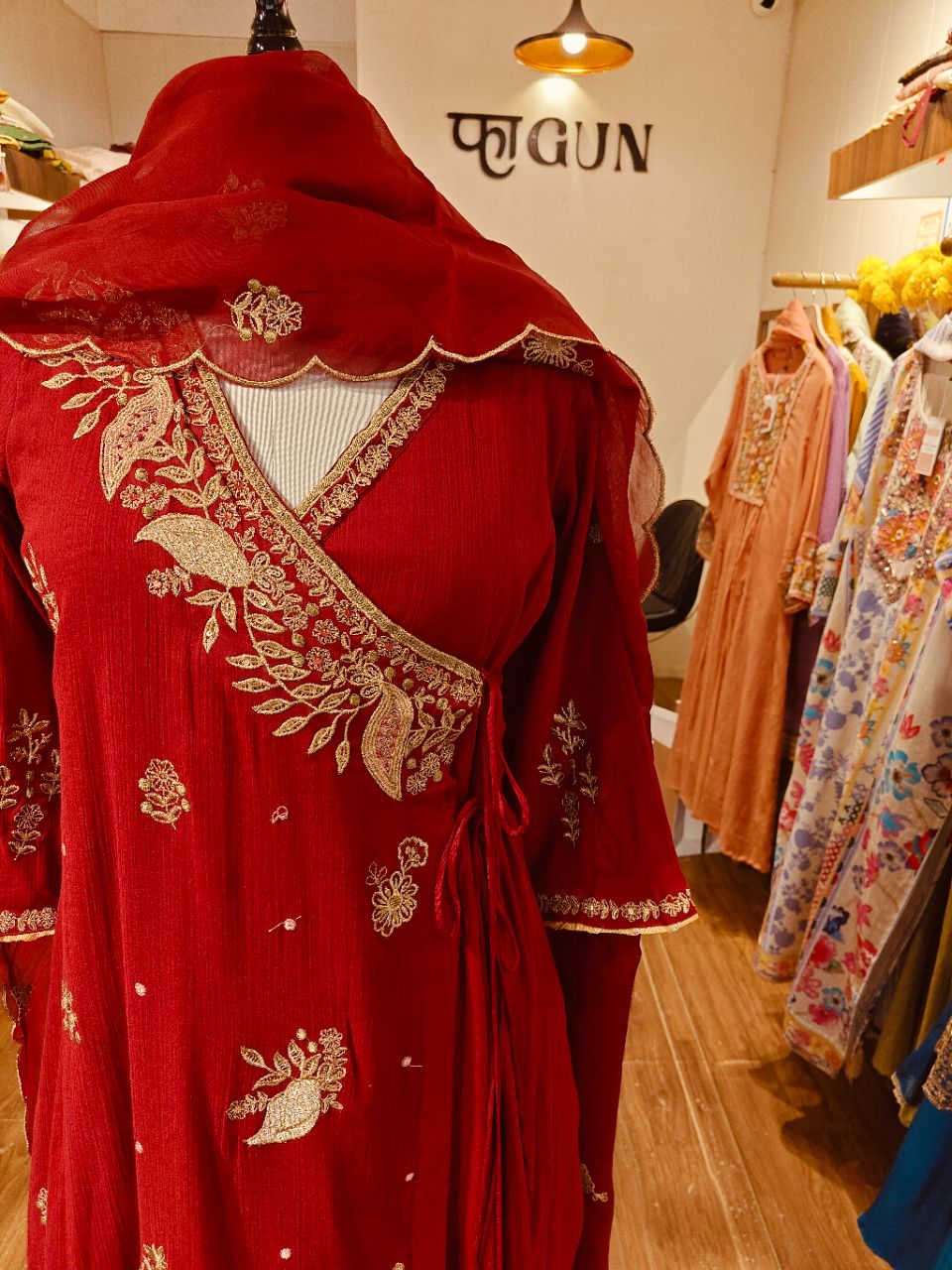 XL Red Crush Crepe Angrakha With Hand Details Nakashi Work view 5