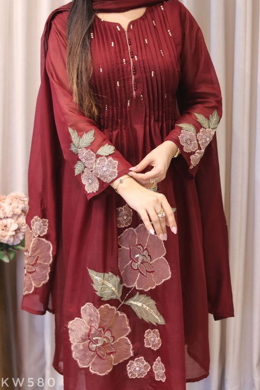 XL Deep red organza with floral patch work A line suit view 2