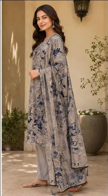 Printed Muslin Silk Stitched Suit - Gry / HC002026 view 2