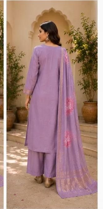 Embroidered Dola Silk Stitched Suit - Purple/ HC002035 view 2