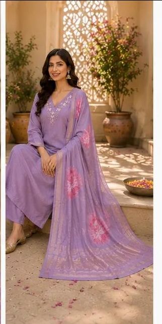 Embroidered Dola Silk Stitched Suit - Purple/ HC002035 view 4