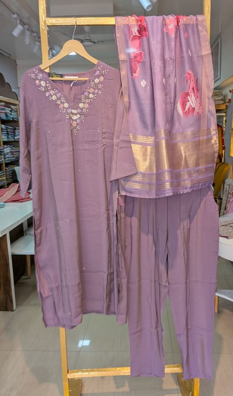 Embroidered Dola Silk Stitched Suit - Purple/ HC002035 view 6