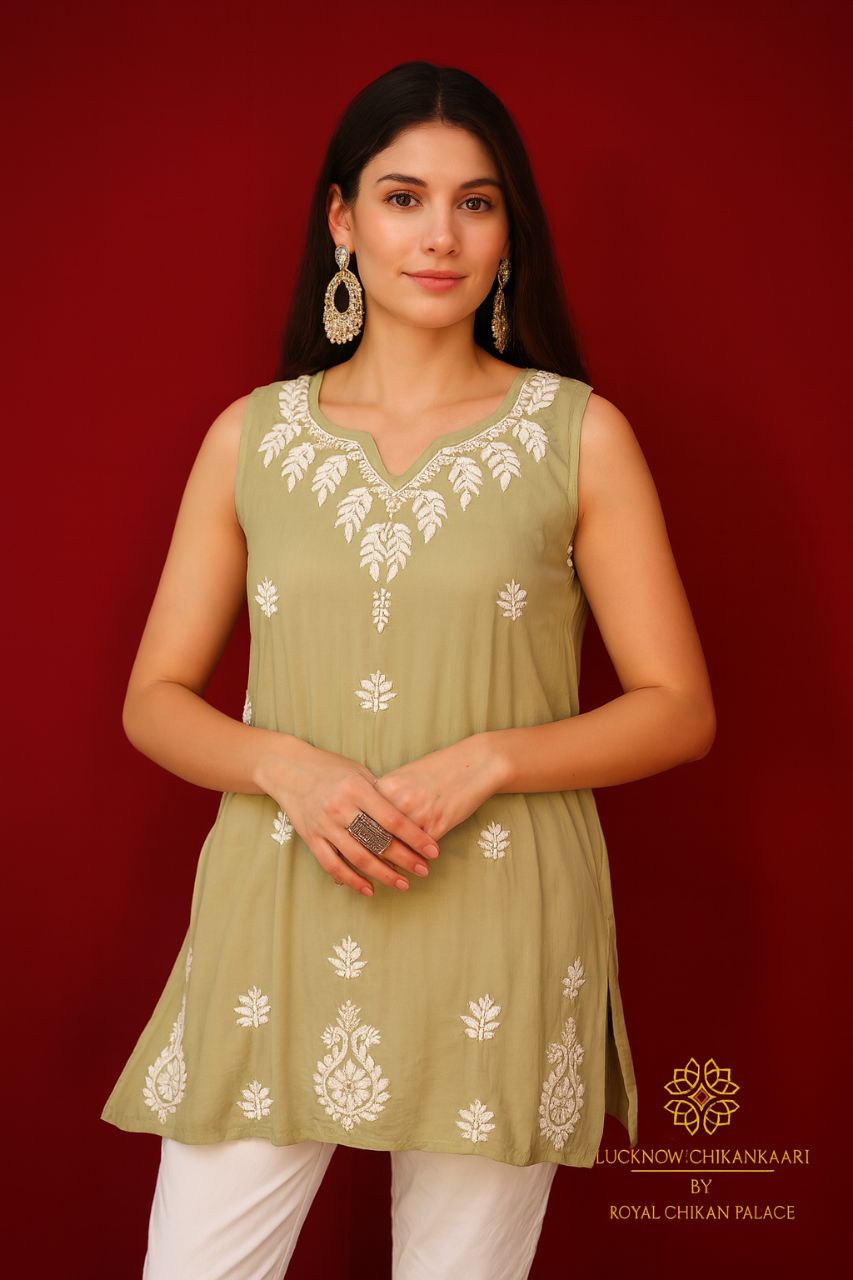 Lucknow Chikankaari Hand Embroidered Muslin Short Top view 2