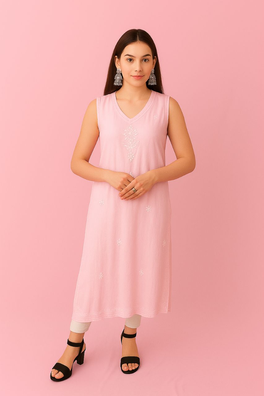 Lucknow Chikankaari Hand Embroidered Muslin Sleeve Less Kurti view 2