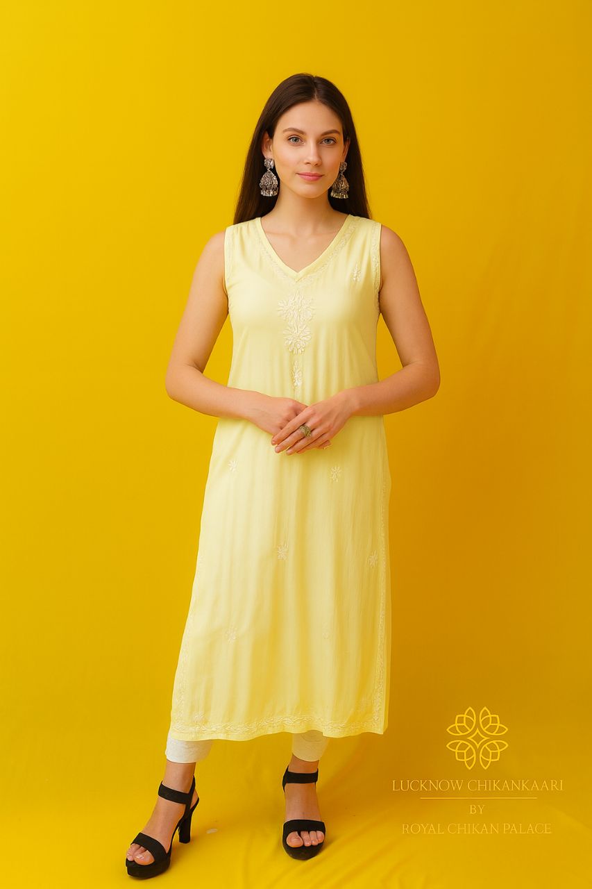 Lucknow Chikankaari Hand Embroidered Muslin Sleeve Less Kurti