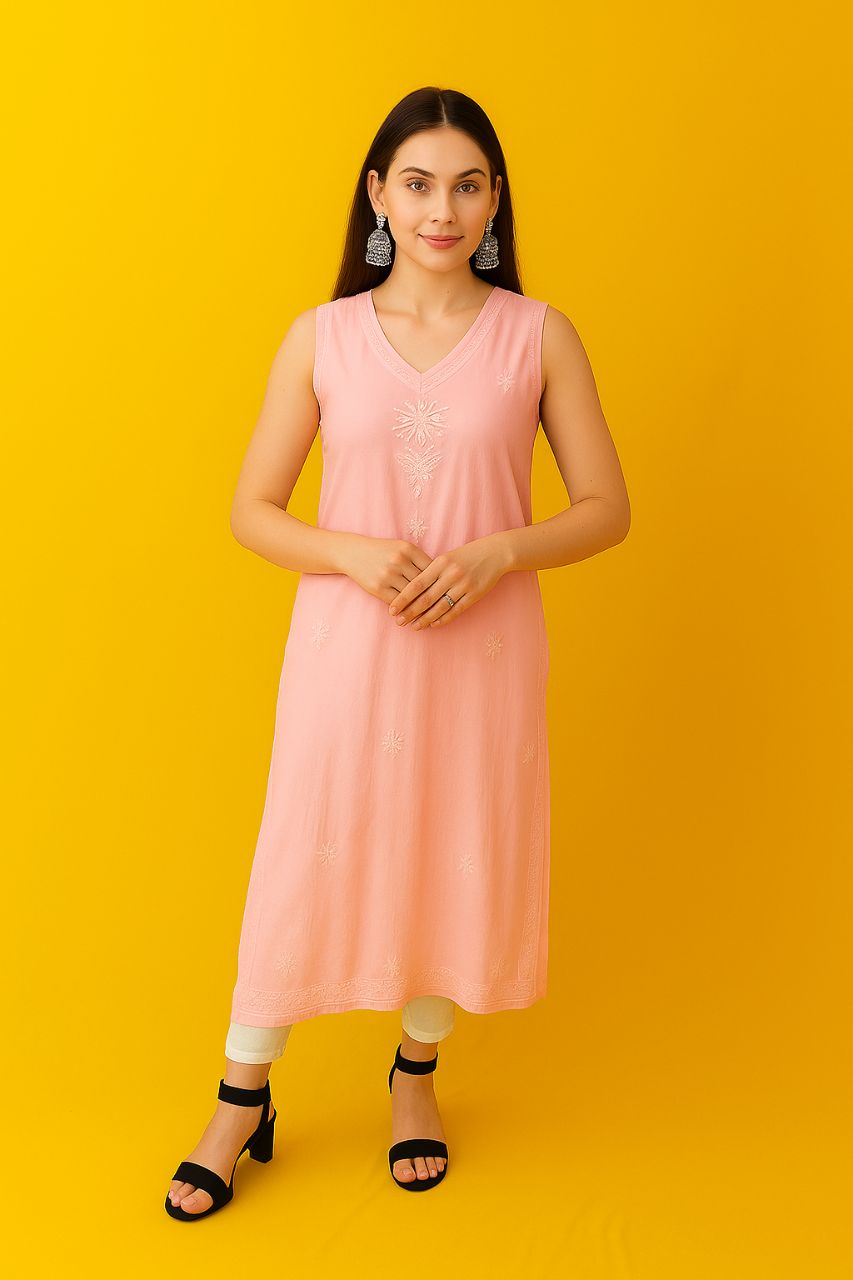Lucknow Chikankaari Hand Embroidered Muslin Sleeve Less Kurti view 3