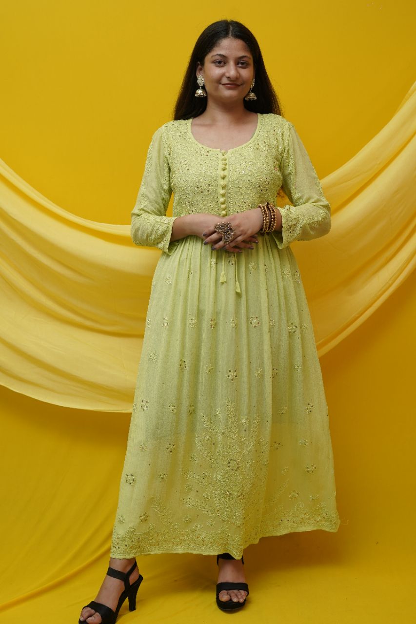 Lucknow Chikan Embroidered Viscose Gown Kurta with Mukesh Work view 4
