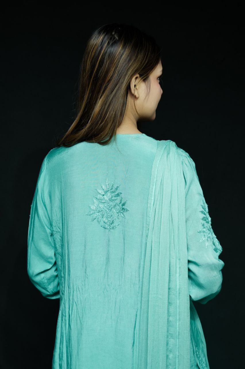 Lucknow Chikan  Hand Embroidered Muslin Set Kurti & Plazzo view 7