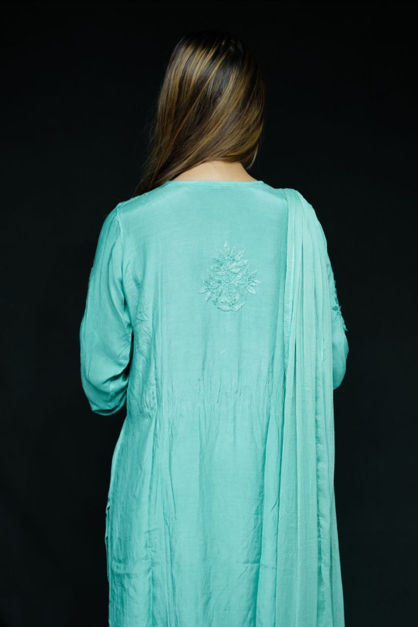 Lucknow Chikan  Hand Embroidered Muslin Set Kurti & Plazzo view 6