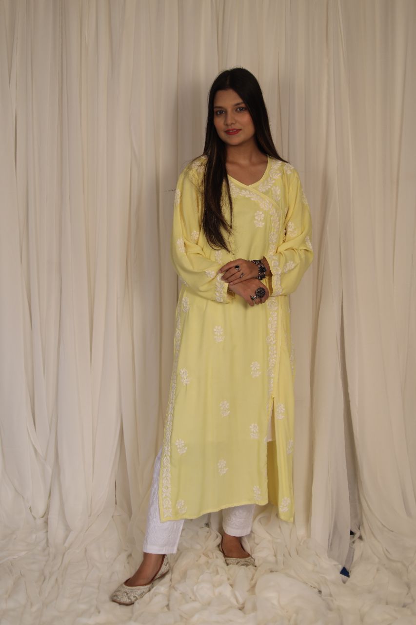 Lucknow Chikankari Hand Embroidered Angarkha Style Kurti view 8