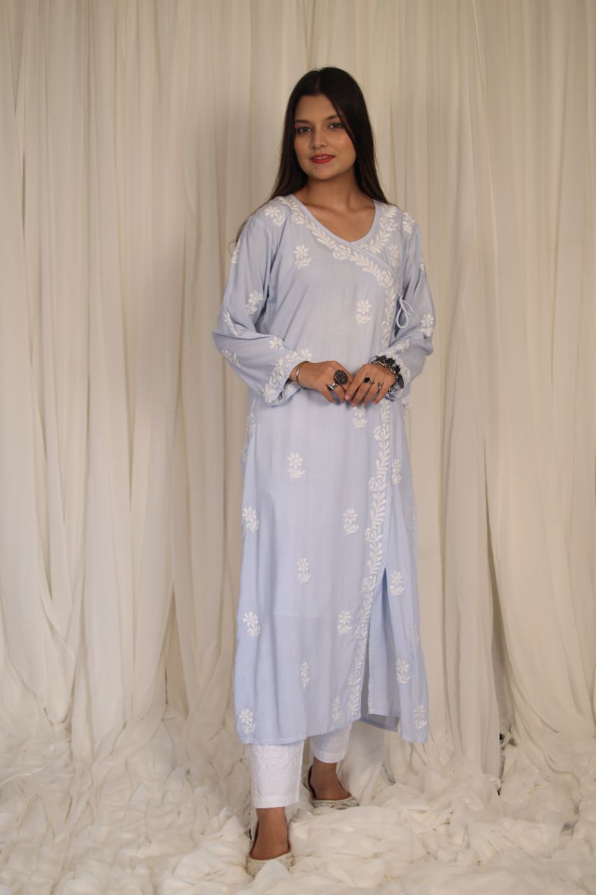 Lucknow Chikankari Hand Embroidered Angarkha Style Kurti view 6