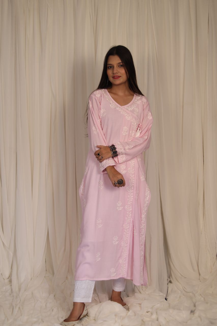 Lucknow Chikankari Hand Embroidered Angarkha Style Kurti view 5