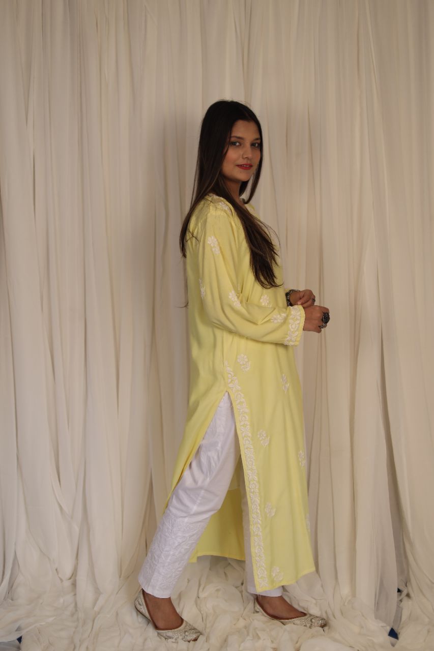 Lucknow Chikankari Hand Embroidered Angarkha Style Kurti view 10