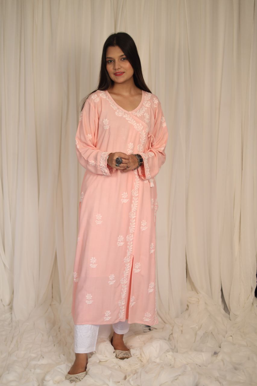 Lucknow Chikankari Hand Embroidered Angarkha Style Kurti view 3