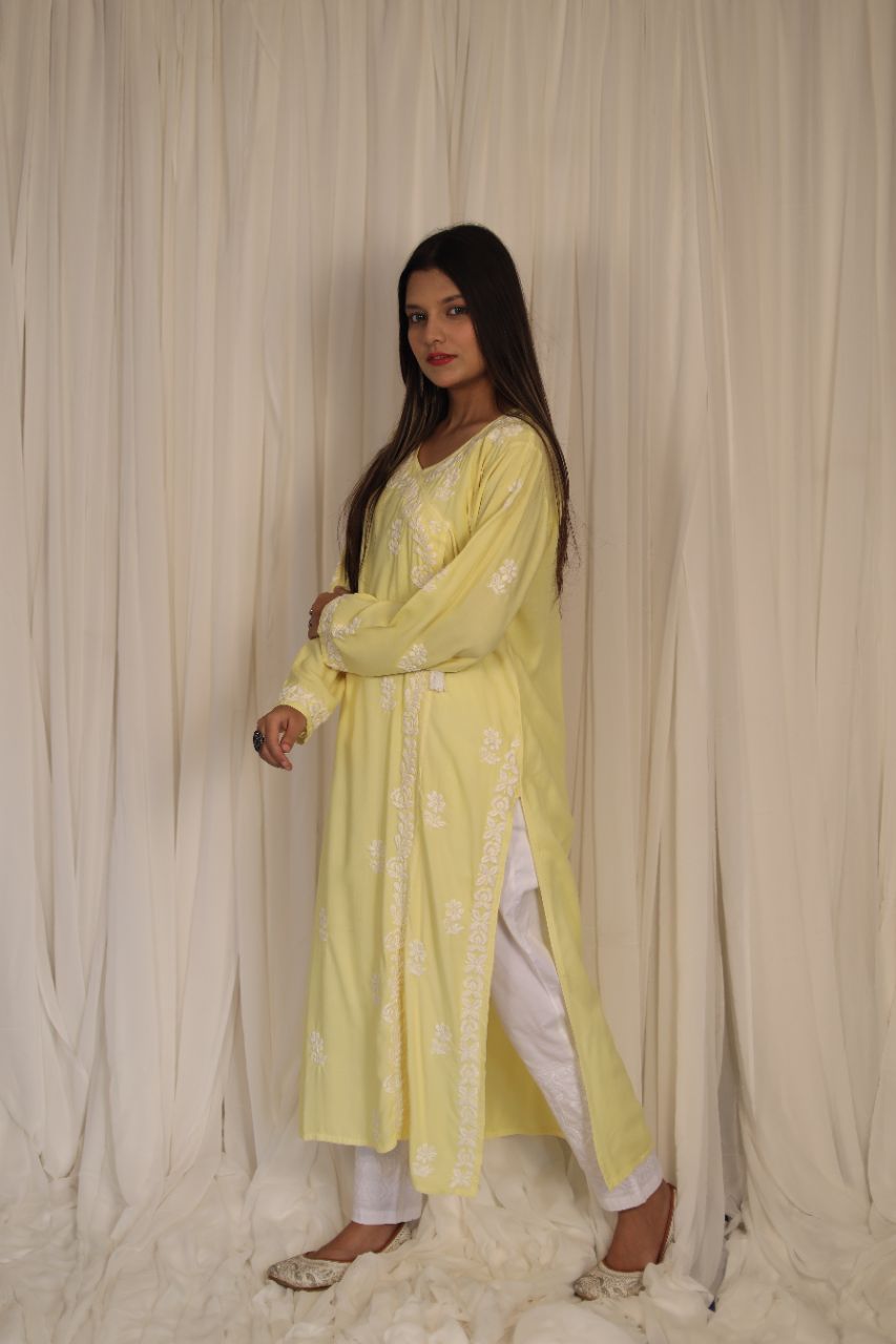 Lucknow Chikankari Hand Embroidered Angarkha Style Kurti view 11