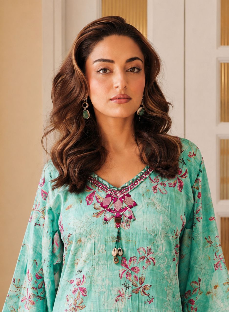 XL Cotton Chiffon Sea Green Kurta Set With Mirror Work And Farshi Trousers view 3