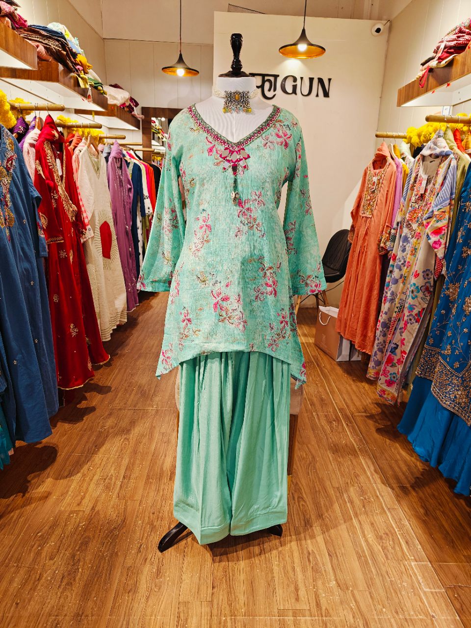 XL Cotton Chiffon Sea Green Kurta Set With Mirror Work And Farshi Trousers view 4