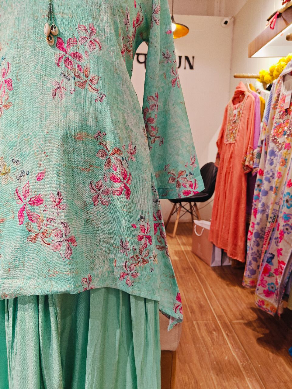 XL Cotton Chiffon Sea Green Kurta Set With Mirror Work And Farshi Trousers view 5