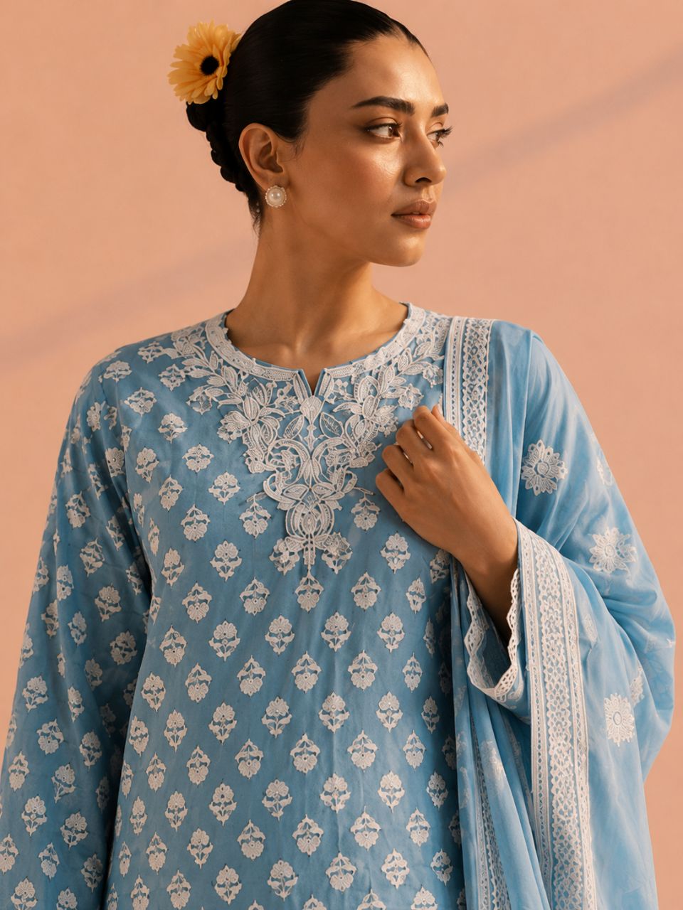 XL Smokey Blue Cotton Kurta Set With Cutwork And Embroidery With Farshi Salwar view 2