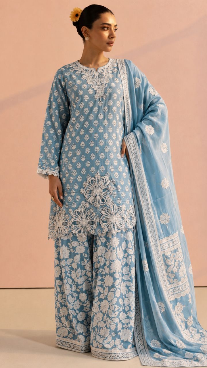 XL Smokey Blue Cotton Kurta Set With Cutwork And Embroidery With Farshi Salwar