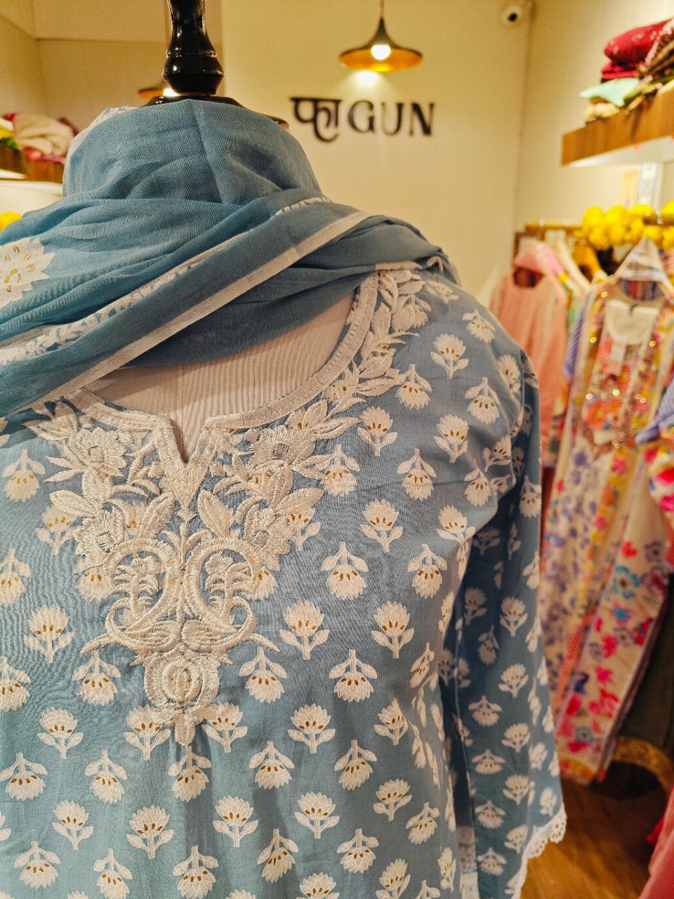 XL Smokey Blue Cotton Kurta Set With Cutwork And Embroidery With Farshi Salwar view 4