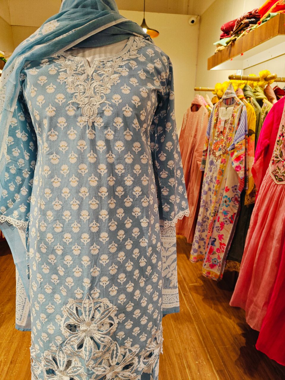 XL Smokey Blue Cotton Kurta Set With Cutwork And Embroidery With Farshi Salwar view 5