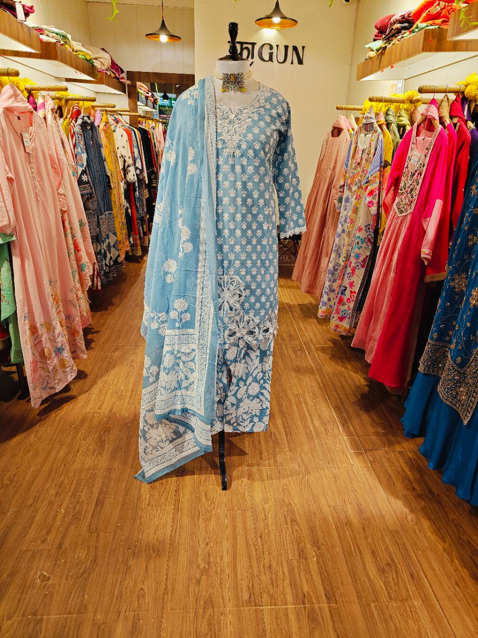 XL Smokey Blue Cotton Kurta Set With Cutwork And Embroidery With Farshi Salwar view 3