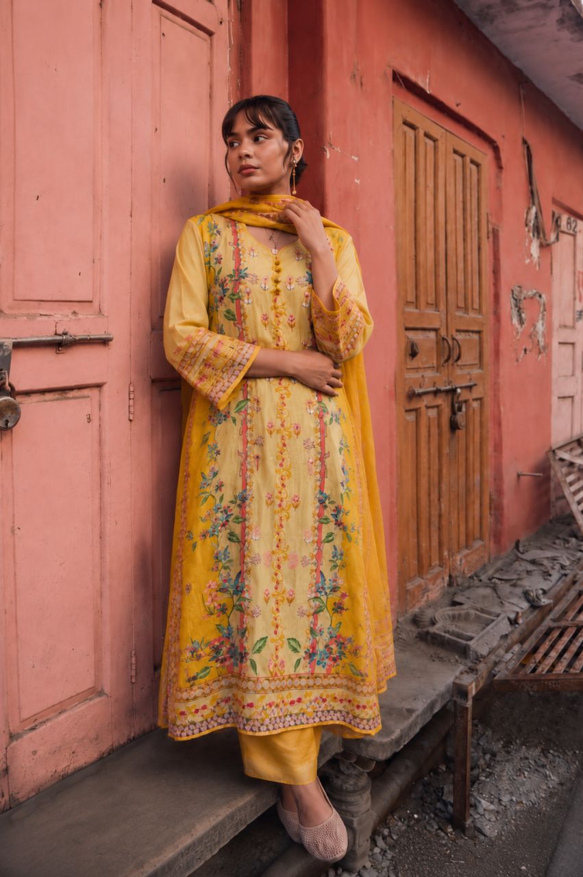 XL Yellow Crepe Kurta Set With Floral Print And Katdana Work And Highlights view 2