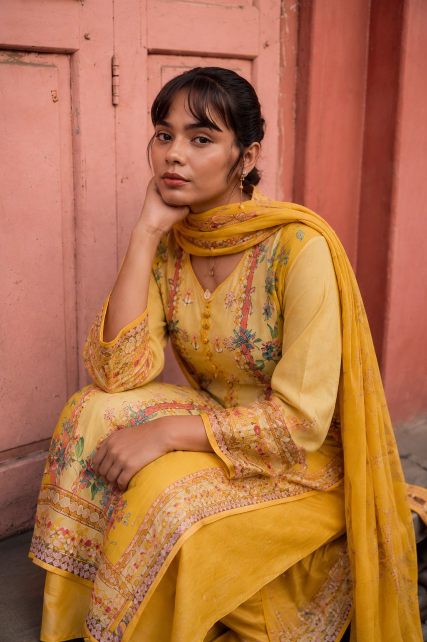 XL Yellow Crepe Kurta Set With Floral Print And Katdana Work And Highlights view 3
