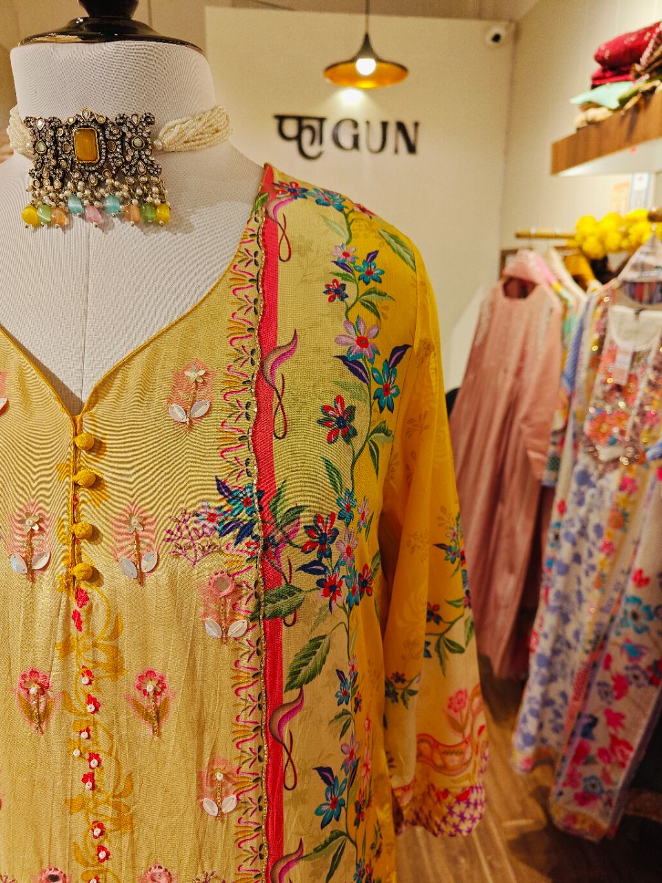 XL Yellow Crepe Kurta Set With Floral Print And Katdana Work And Highlights view 5