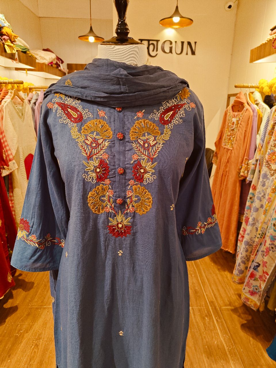 L Indigo Blue Cotton with Floral Embroidery On Kurta and Dupatta view 6
