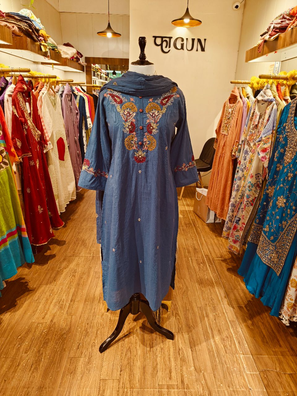 L Indigo Blue Cotton with Floral Embroidery On Kurta and Dupatta view 5