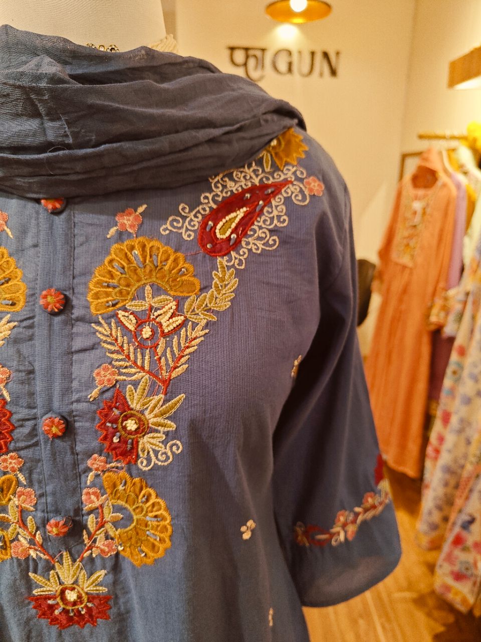 L Indigo Blue Cotton with Floral Embroidery On Kurta and Dupatta view 7