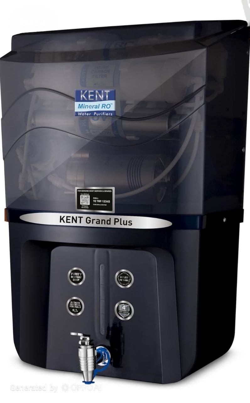 KENT Grand Plus RO Water Purifier | RO+UV+UF+TDS Control+UV in Tank | .0001 Micron RO Membrane | ISI Marked | Auto Flush Feature | 9L Tank | 20 LPH | Ideal For Borewell/Tanker/Municipal Water | Black view 2