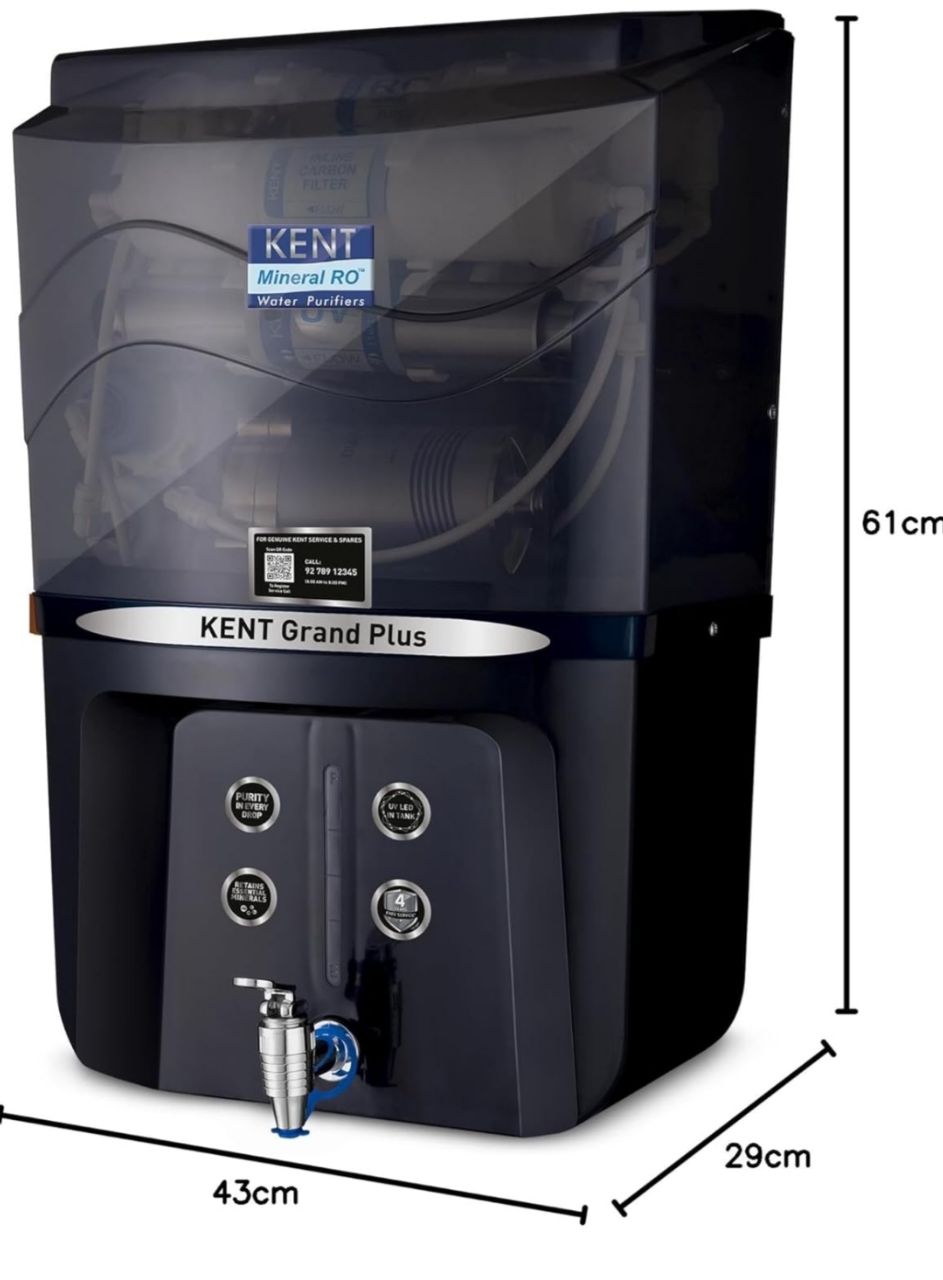 KENT Grand Plus RO Water Purifier | RO+UV+UF+TDS Control+UV in Tank | .0001 Micron RO Membrane | ISI Marked | Auto Flush Feature | 9L Tank | 20 LPH | Ideal For Borewell/Tanker/Municipal Water | Black view 3