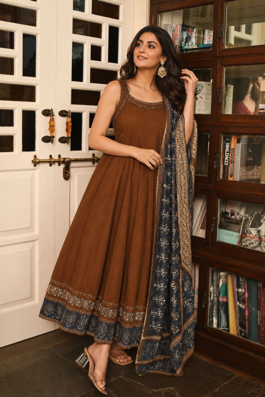 2XL Brown Ajrakh Print Anarkali With Shoulder Strap Pattern view 3