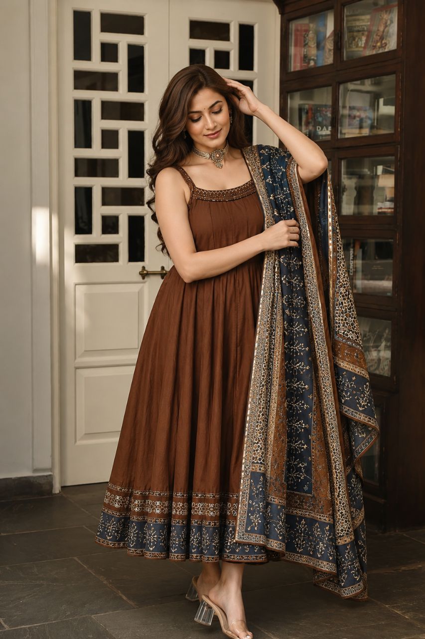 2XL Brown Ajrakh Print Anarkali With Shoulder Strap Pattern view 2
