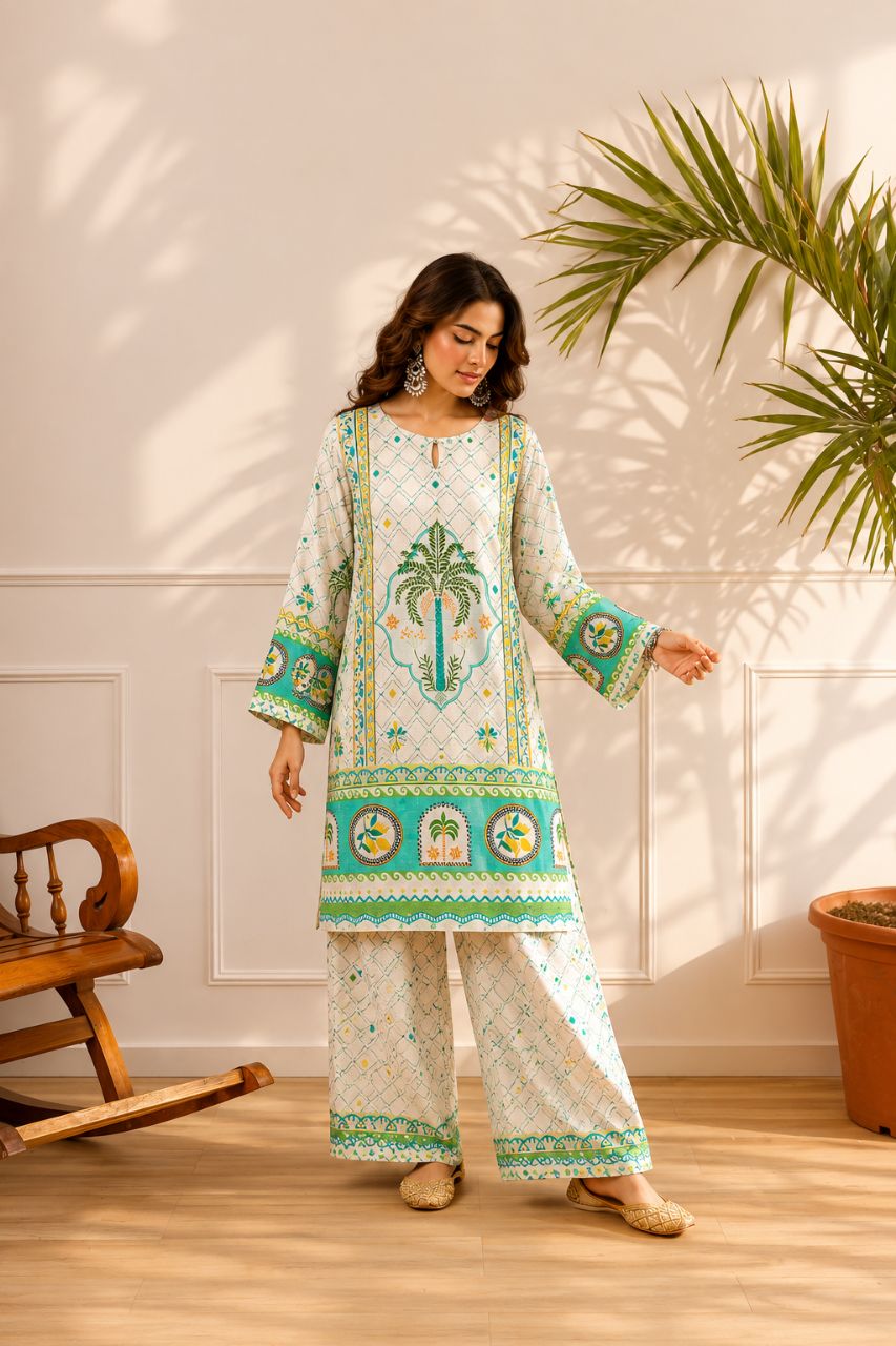M Cotton Multi Colour Jali Print Co Ord Set With Tassels Work On Sleeves view 2