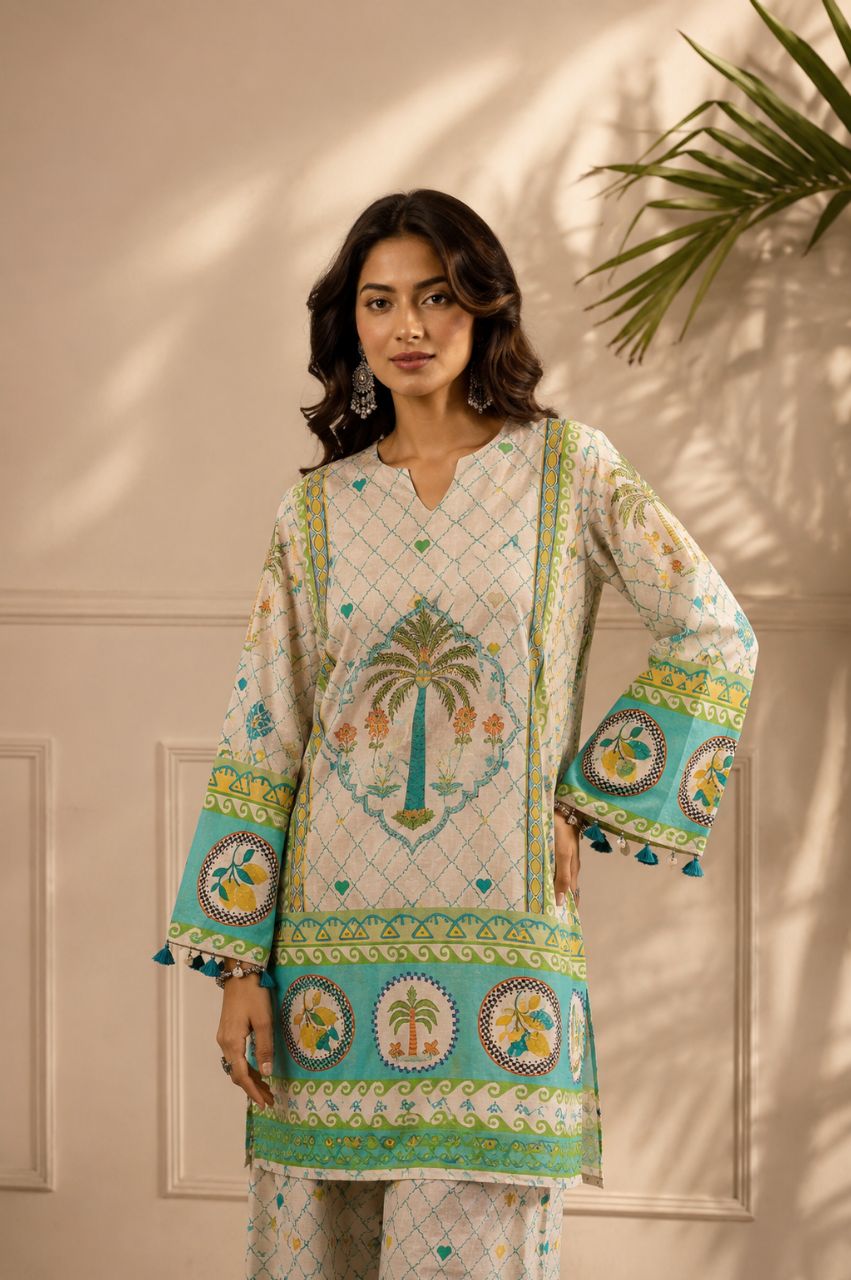 XL Cotton Multi Colour Jali Print Co Ord Set With Tassels Work On Sleeves view 3