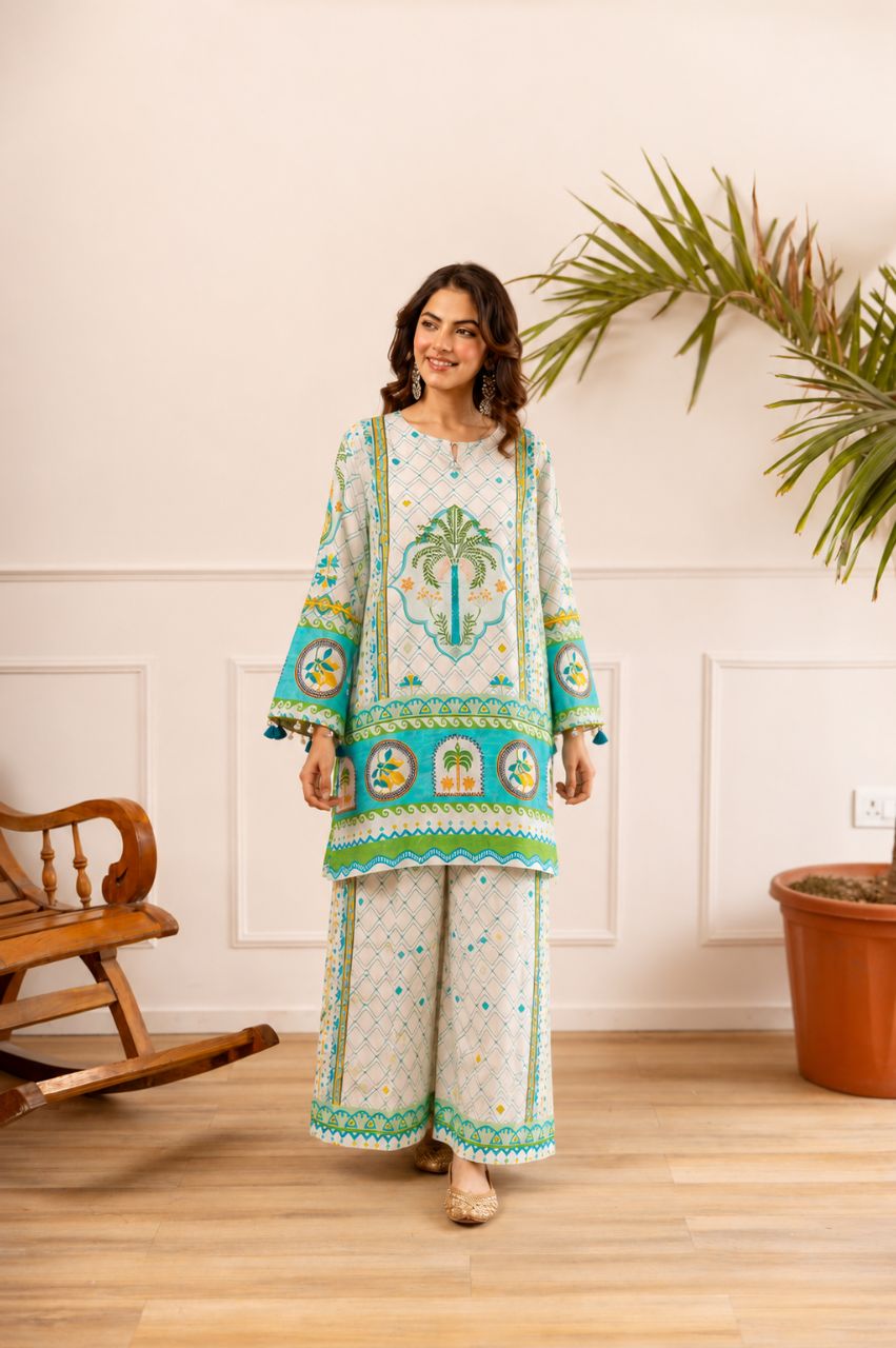 XL Cotton Multi Colour Jali Print Co Ord Set With Tassels Work On Sleeves