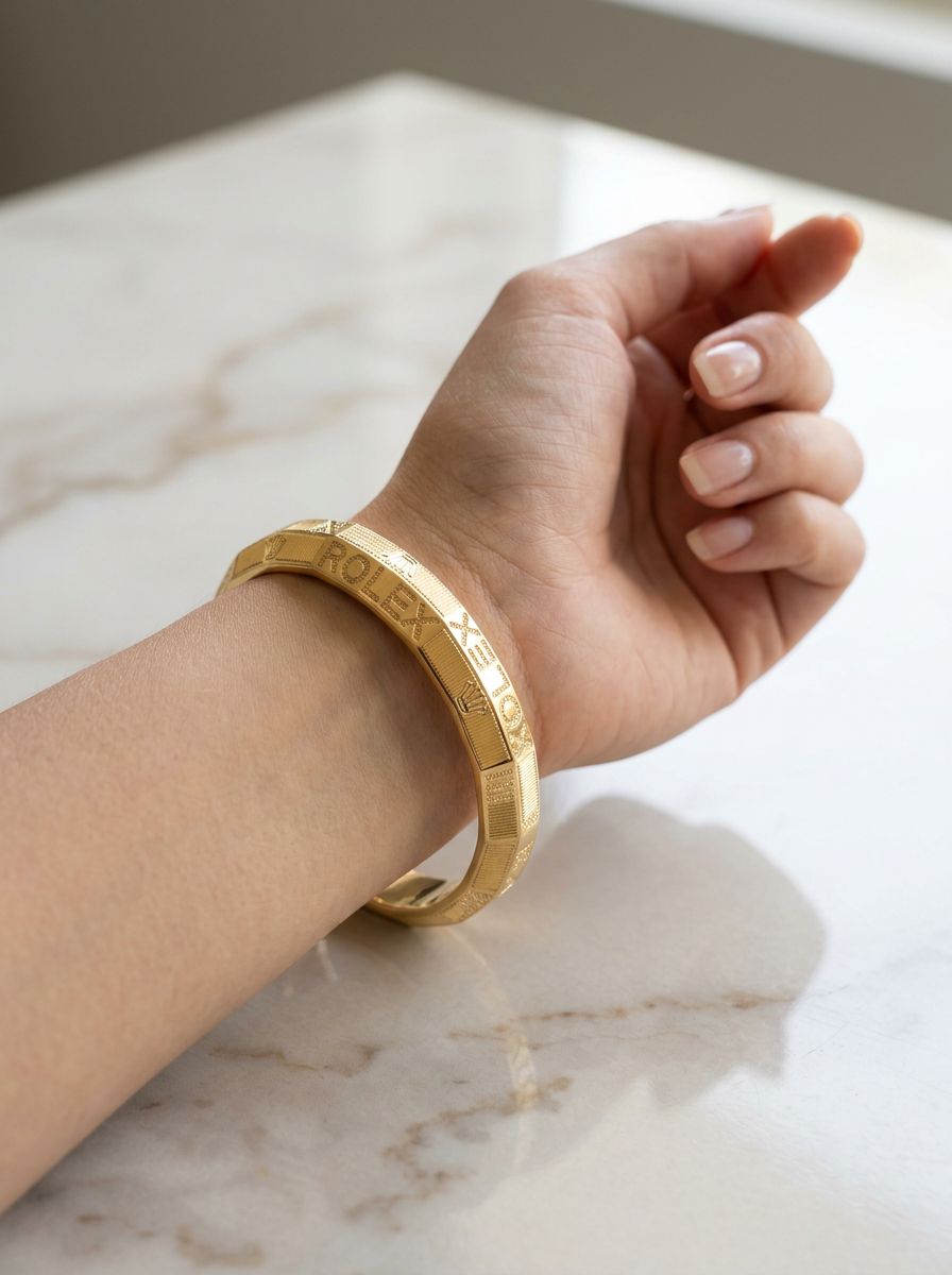 gold-plated Punjabi kada bracelet features bold "ROLEX" lettering and crown logos textured against a matte background view 2