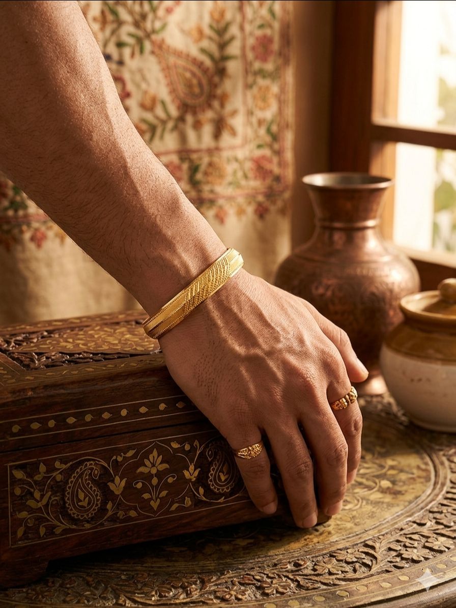 CaratLane 22KT Gold Plated Kada for Men features a polished finish with finely engraved linear textures view 2