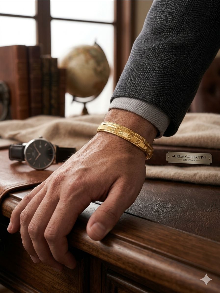 Vigor gold plated kada for men features a distinct checkered pattern view 2