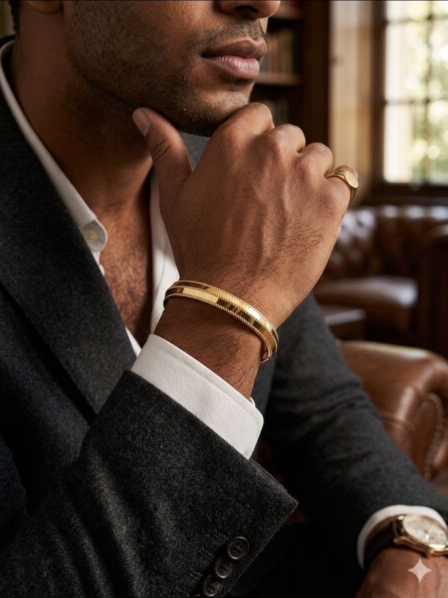 Regal 22KT gold plated kada for men features a polished finish with finely engraved linear textures view 2
