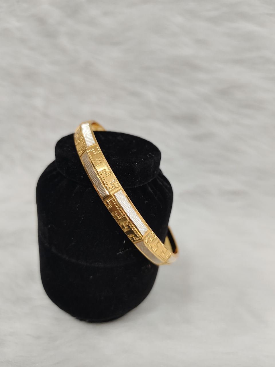 Gold-plated Punjabi Kada features a textured silver finish and a unique filigree design view 3