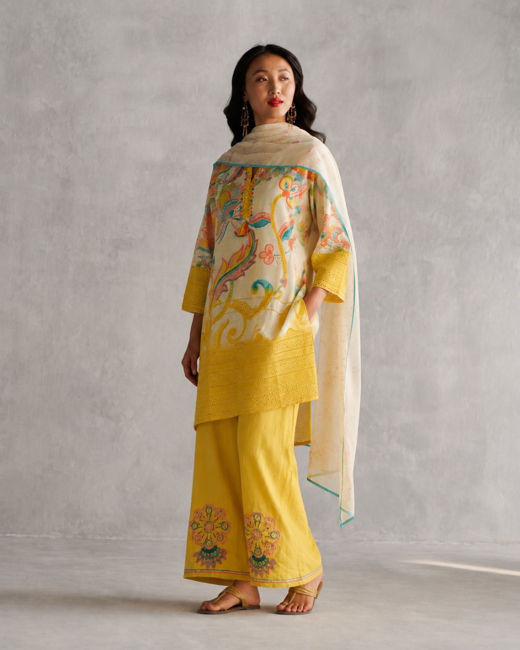 M Tropical floral print slub cotton kurta set with lace work and sequin highlights view 2