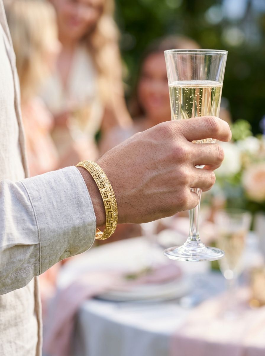 Gold Plated kada bracelet features a prominent Greek key pattern design view 2