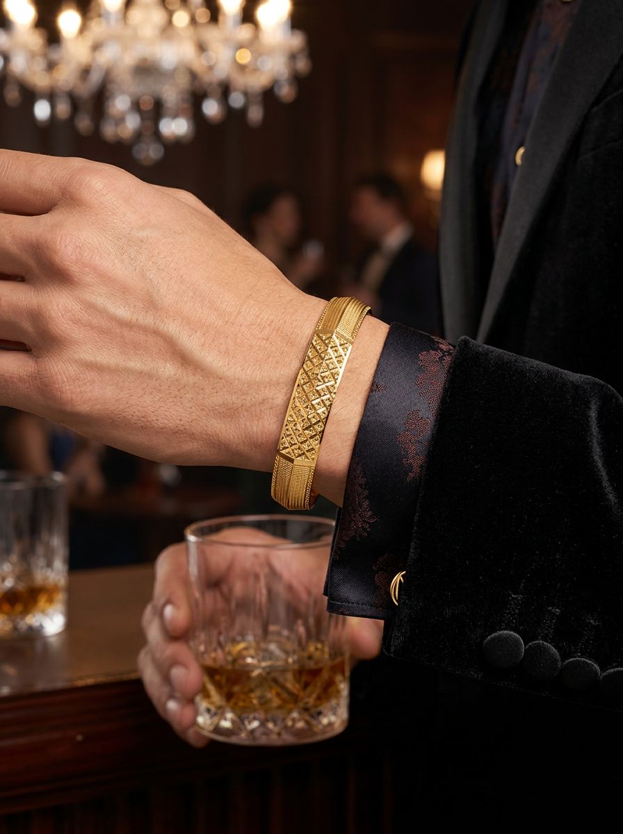 Matrix Gold Plated Kada features a diamond-cut geometric pattern and polished edges view 2