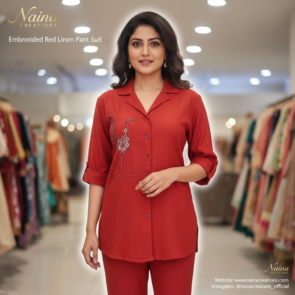 Embroided Red Linen Pant Suit