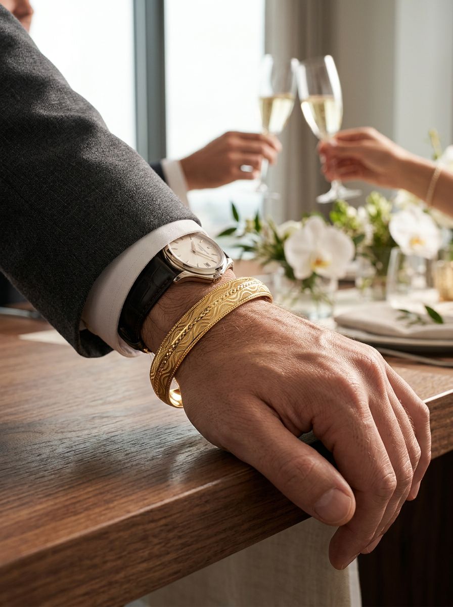 Gold-plated bangle, such as the A V FASHION INDIA minimalist cuff design with etched detailing view 3